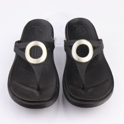 Crocs Womens Sanrah Sandal Size 8 Black Thong Silver Circle Slide Flip-Flop Shoe - Picture 11 of 13