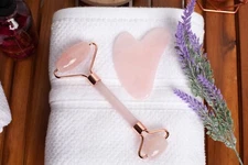 Rose Quartz Roller and Guasha Set by LUSTRIOUS 100% Natural Rose Quartz Stone
