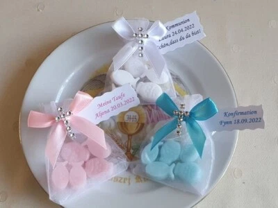 HANDGEFERTIGT Seife Gastgeschenk Taufe, Kommunion, Konfirmation Tischdeko Rosa, Blau, Weiß