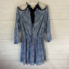 Michael Kors Long Sleeve Cold Shoulder Dress XS Blue Floral Keyhole Tie Lined