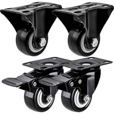 4 Pack Combo 1.5" Inch All Black PU Caster Wheels (2 With Brake & 2 Rigid Fixed)