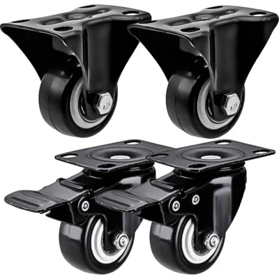 FACTORDUTY 4 Pack Combo 1.5" Inch All Black PU Caster Wheels (2 With Brake & 2 Rigid Fixed)