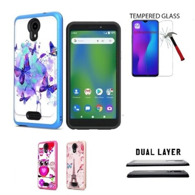 For Cricket Vision 2, Dual Layer Patterned Design Cover Case + Tempered Glass