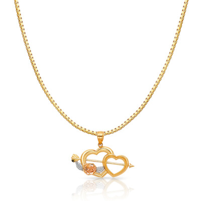 14K 2 Ton Gold Herz & Amor Pfeil Charm Anhänger & 1,2mm Box Kette Halskette