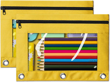 Pencil Pouch for 3 Ring Binder, 2 Pack Yellow 3-Holes Zipper Pencil Pouches, Stu