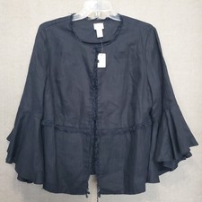 Chico's Black Linen Bell Sleeve Fringe Accent Jacket Size 1 Medium NWT Witchy
