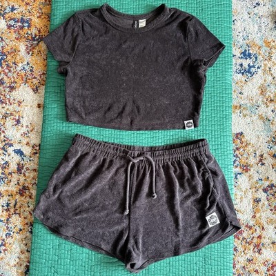 Divided H&M Gray L Terry Cloth Crop Top & Shorts Set Outfit Matching Surf Club