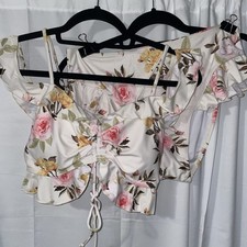 2 Piece Floral Ruffle Off Shoulder Bikini Set Top Ruched Drawstring Size Large