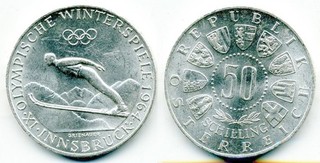Österreich 50 Schilling 1964 Olympiade Innsbruck Silber #5564