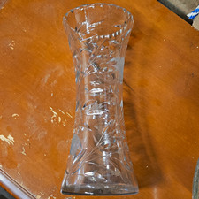 Clear Cut Glass Vase, Etched Abstract Pattern, Decorative, 12 in Tall
