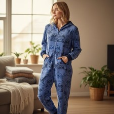 Disney Lilo Stitch women's hooded one-piece pajama PJ union suit M Halloween