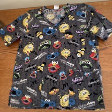 Women's Sesame Street Characters Mustache You A Question Scrub Top Size Small