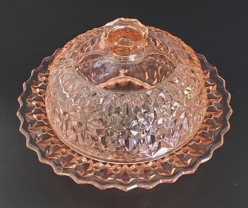 VINTAGE PINK DEPRESSION ORIGINAL COVERED GLASS BUTTON BOW BUTTER DISH - Picture 1 of 11