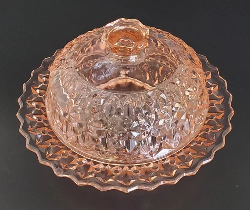 VINTAGE PINK DEPRESSION ORIGINAL COVERED GLASS BUTTON BOW BUTTER DISH