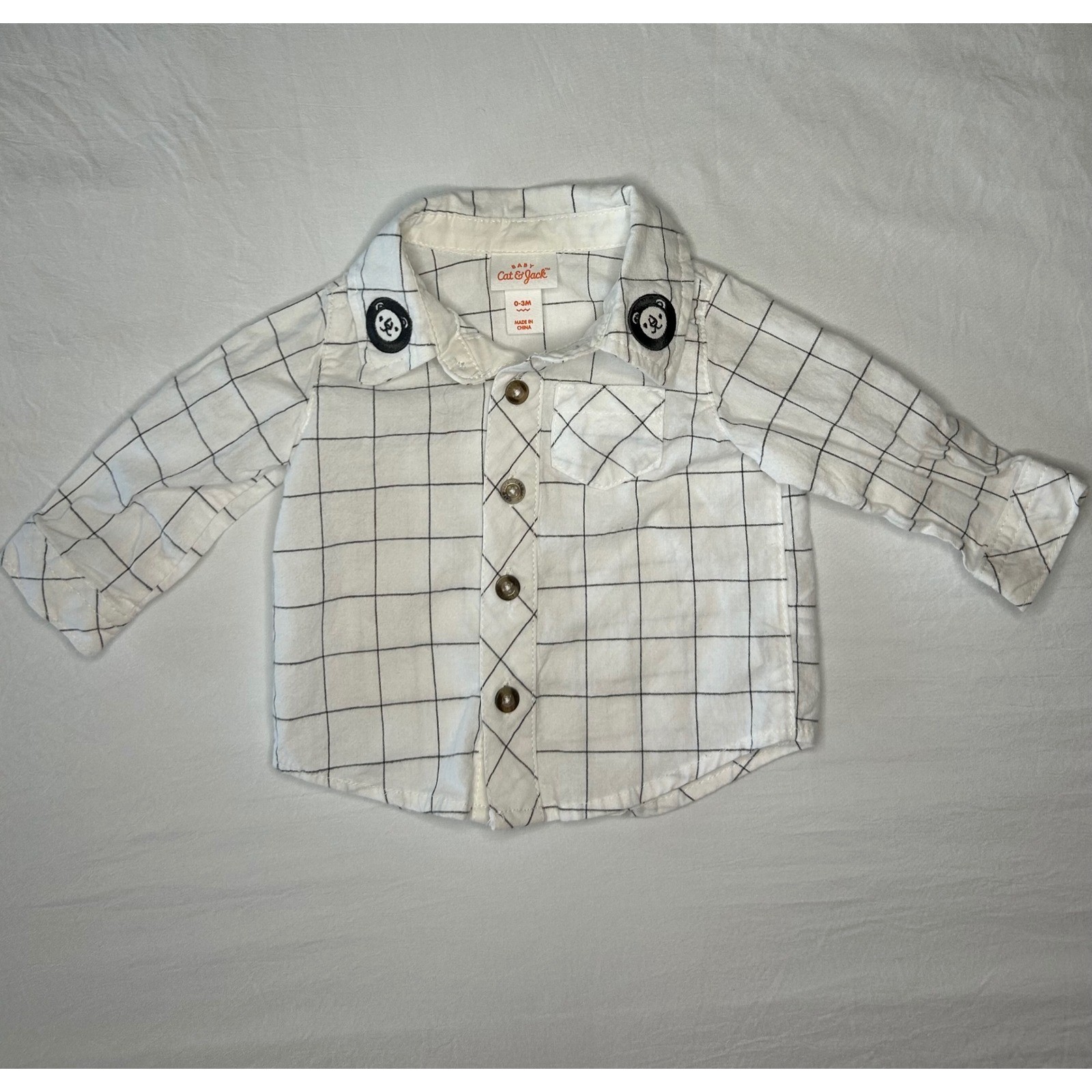Baby Cat & Jack White Plaid Button-Up Shirt with Bear Accents (0-3M)