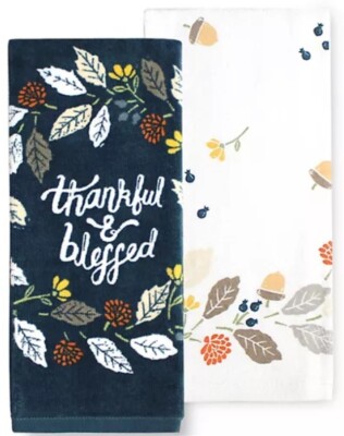 Fall Autumn Thanksgiving Blue Kitchen Terry Towels 2-pk. ''Thankful & Blessed''