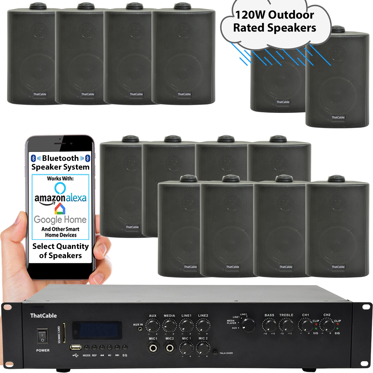 Outdoor Bluetooth Stereo System 120W Black Weatherproof Speakers Garden