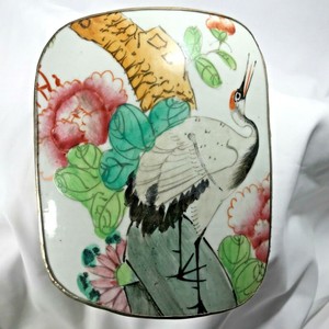 Antique 19th Century Chinese Silver Box w/ porcelain inlaid Crane 386g Beautiful