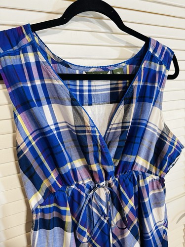 Eddie Bauer Women Size XL Cotton Drawstring A line Check Plaid Dress Blue - Picture 2 of 11