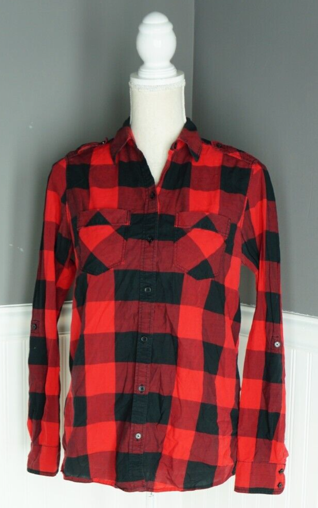 Express Shirt Size XS Red Black Long Roll Tab Sleeve Boyfriend