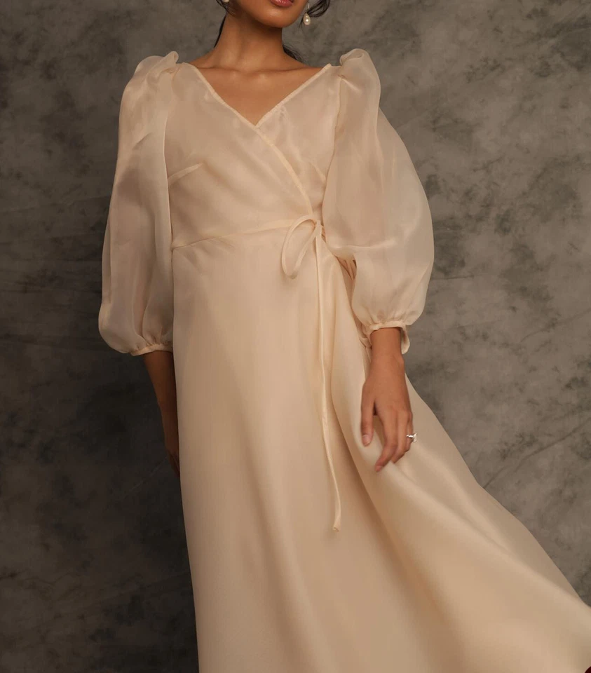 Women's Bathrobe V Neck Puff Sleeve Lace Up Photo Shoot Dress Plus Size Gowns - Image 3 of 4