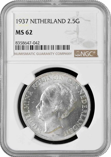 Netherlands 2 1/2 gulden 1937, NGC MS62, "Queen Wilhelmina (1890 - 1948)"