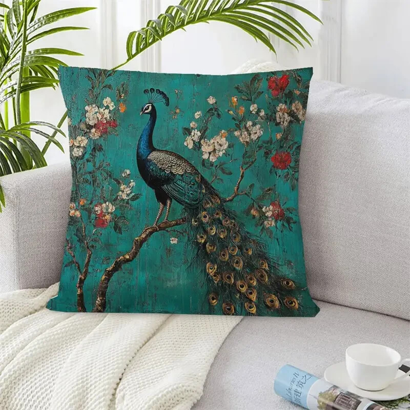 Textured Teal Embroidered Pillow New Peacock Chinoiserie Teal