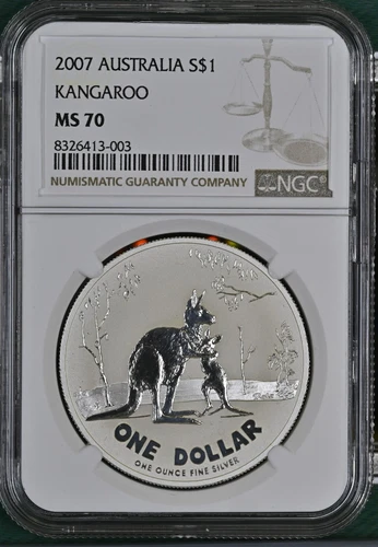 2007 Australia Kangaroo Frosted 1 oz Silver Coin - NGC MS70