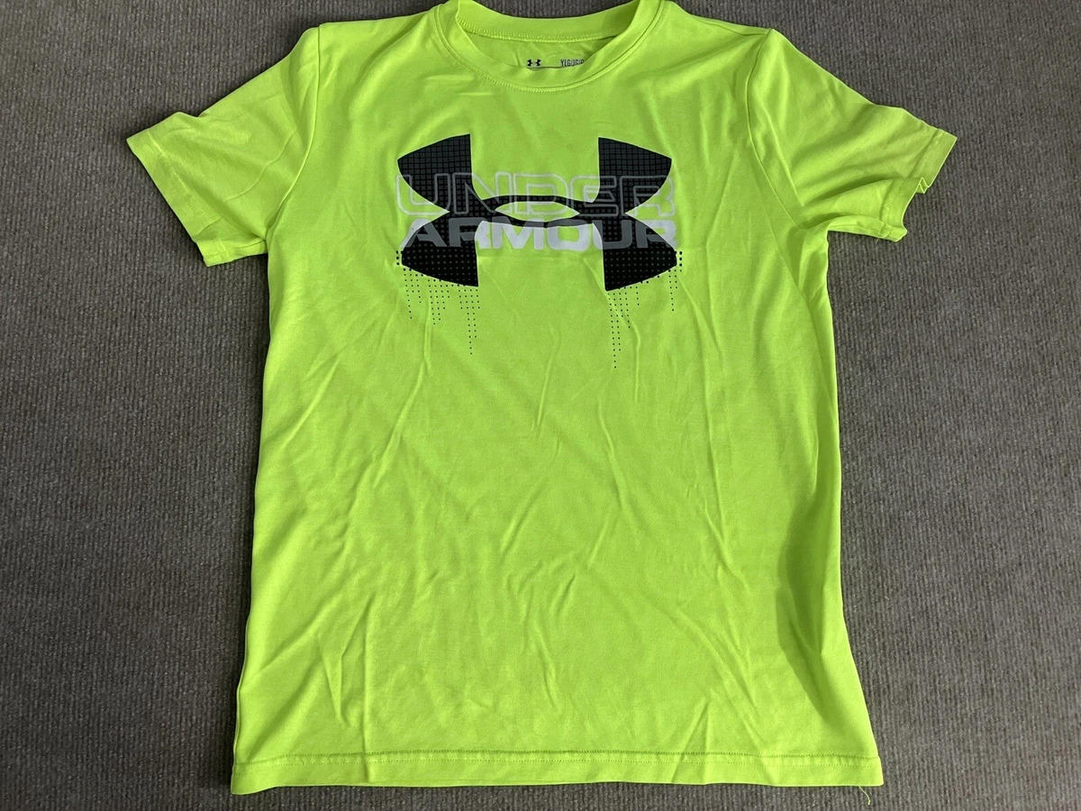 Under Armour Youth Large Short Sleeve Loose Fit HeatGear Neon Green Logo  T-Shirt