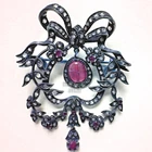 Stunning 2.93ctw Rose Cut Diamond Ruby Studded Silver Victorian Brooch Jewelry