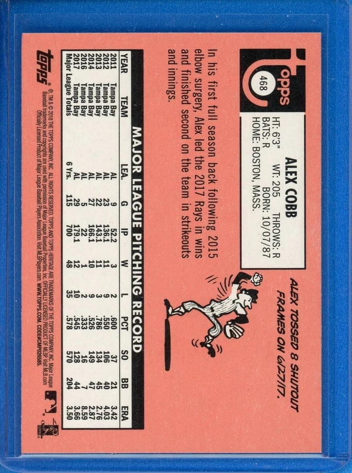 2018 Topps Heritage Short Print SP #468 Alex Cobb Tampa Bay Rays - Image 2 of 2