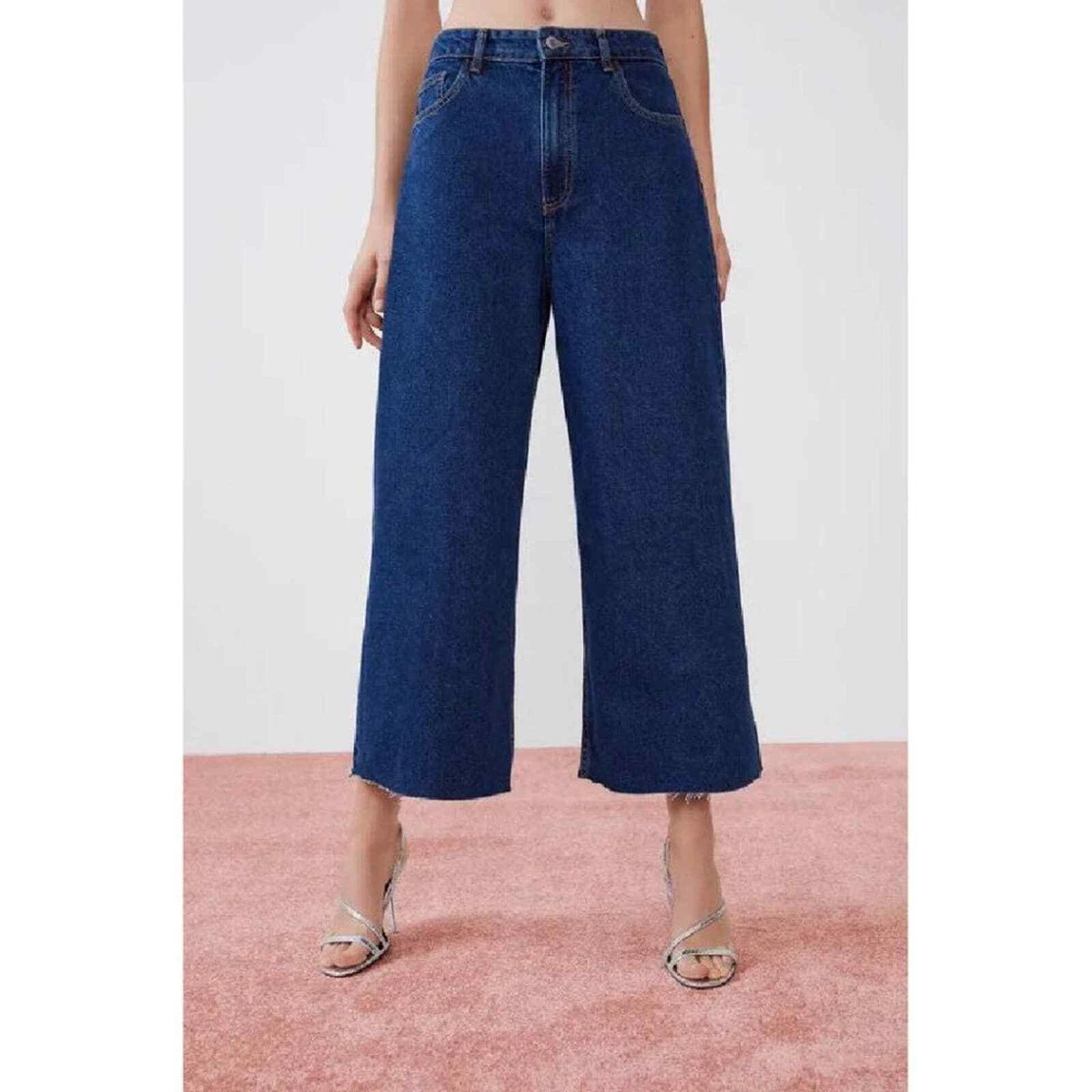 Zara High Rise Wide Leg Crop Jeans Dark Wash Denim Size 4 Culotte Raw Hem