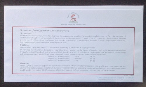 GB Buckingham 2007 First Eurostar Service St Pancras to Paris First Day Cover - Picture 2 of 3