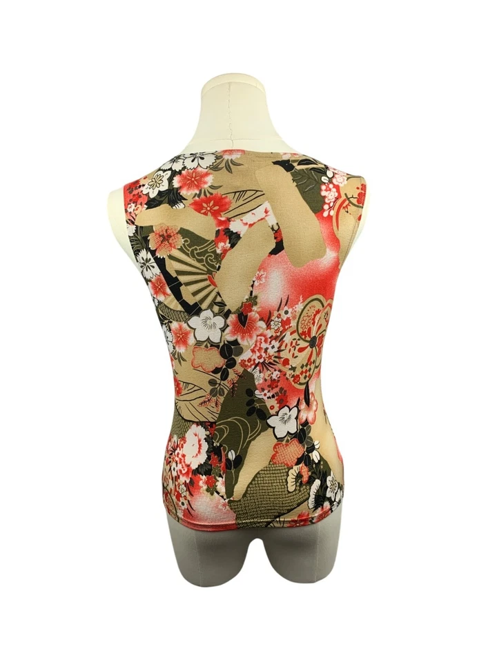 Lipstick Japanese Floral Print Sleeveless Stretch Tank Top S - Image 4 of 4