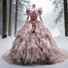 Dreamy Pink Victorian Prom Dress Sweetheart Lace Embroidered Puffy Evening Gowns