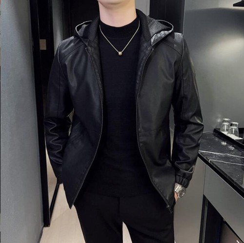 New Men's Hooded Jacket Faux Leather Coat Motorcycle jacket PU Casual Outerwear - Picture 5 of 18