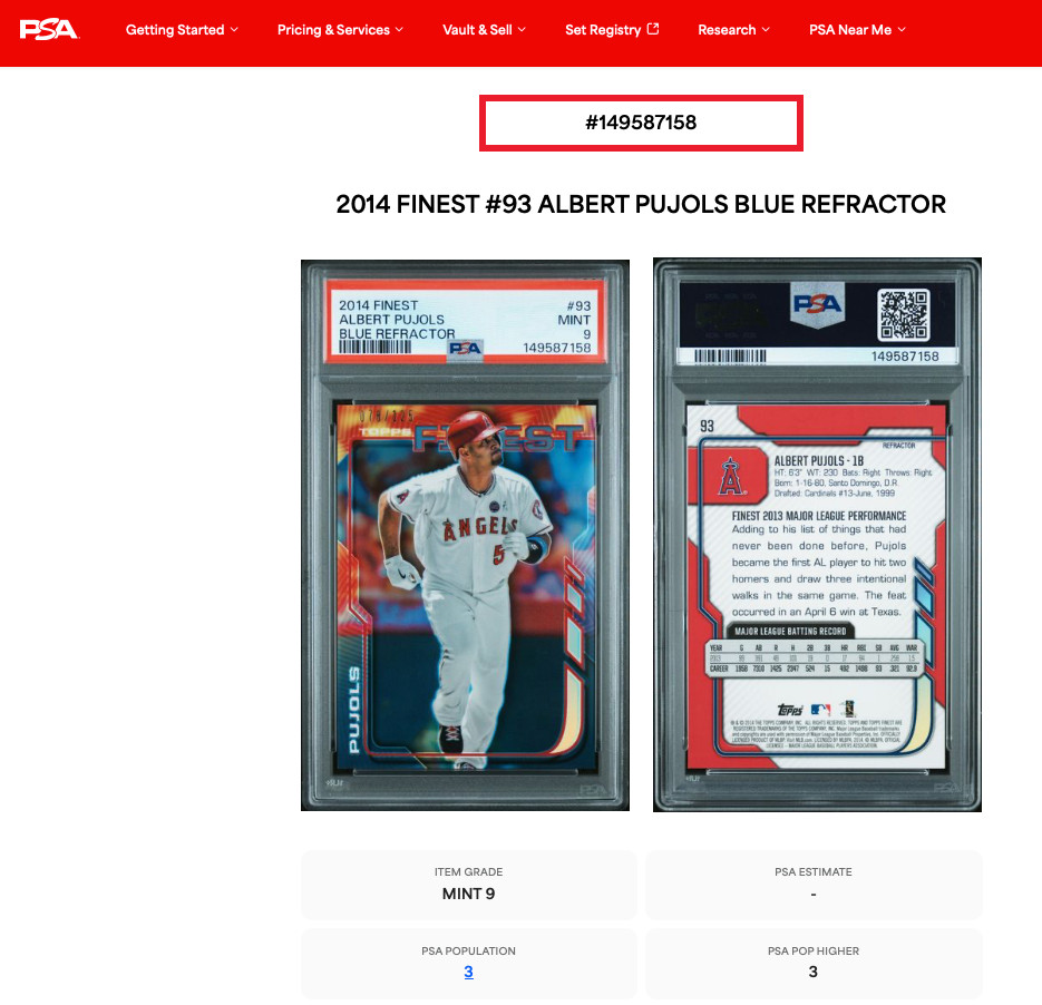 2014 Finest Albert Pujols BLUE REFRACTOR /125 PSA 9 MINT! 🔥 view 3