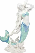 Large Nautical Capiz Blue Tailed Mermaid Ariel by White Coral Rocks Statue Ocean