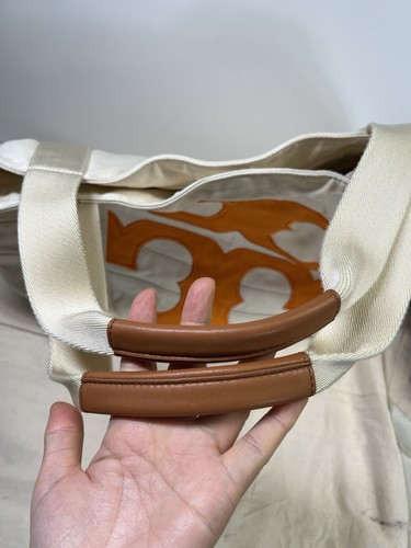 Vintage TORY BURCH - Cream Orange logo Canvas Leather Handles Tote Bag - Picture 8 of 17
