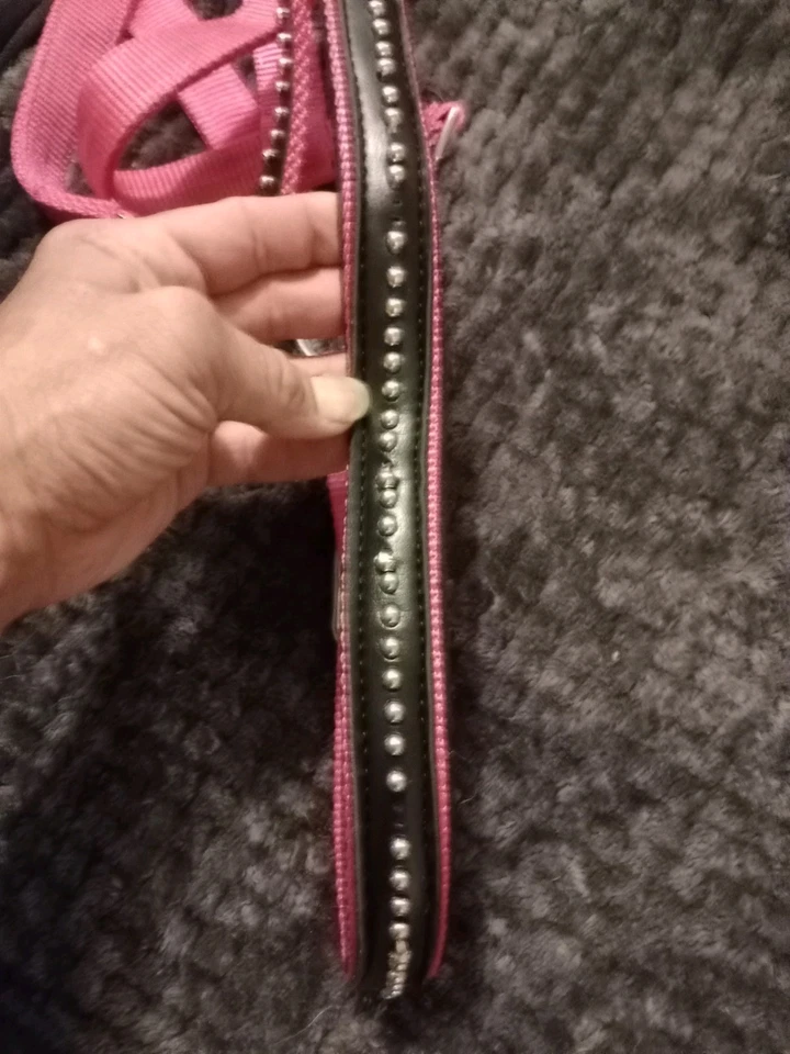 Nuevo con defectos sin etiquetas, Halter Nylon Rosa con tachuelas Negras y Plateadas, Caballo Completo Foto 4 de 4