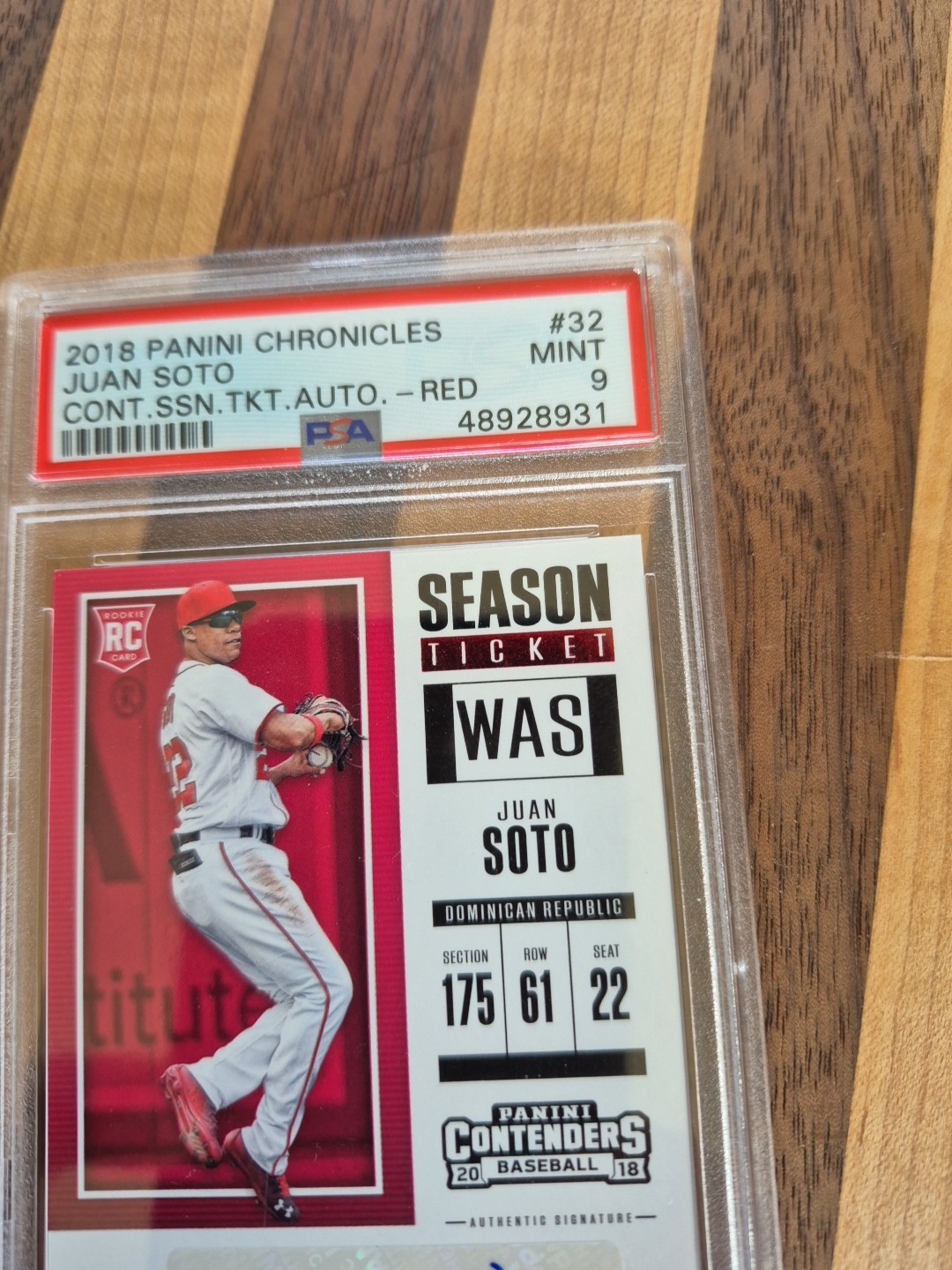 2018 PANINI CONTENDERS JUAN SOTO🔥SEASON TICKETS /99 RED ROOKIE AUTO🔥  PSA 9  view 3