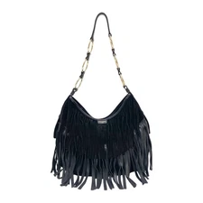 SAINT LAURENT Fringe Black Suede Hobo Bag
