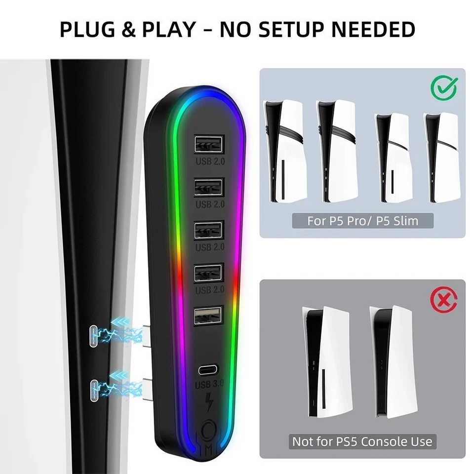 Divisor de concentrador USB RGB para PS5 Pro Slim, 5 USB + 1 puerto de carga de datos tipo C Foto 3 de 4
