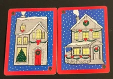 (2Z) Pair of Vintage playing cards of houses decorated at Christmas