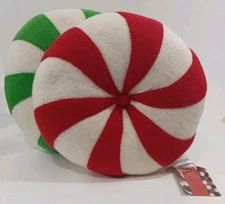 2 Handcrafted In Nepal Peppermint Twist Candy Shaped Christmas Wool Pillows, New