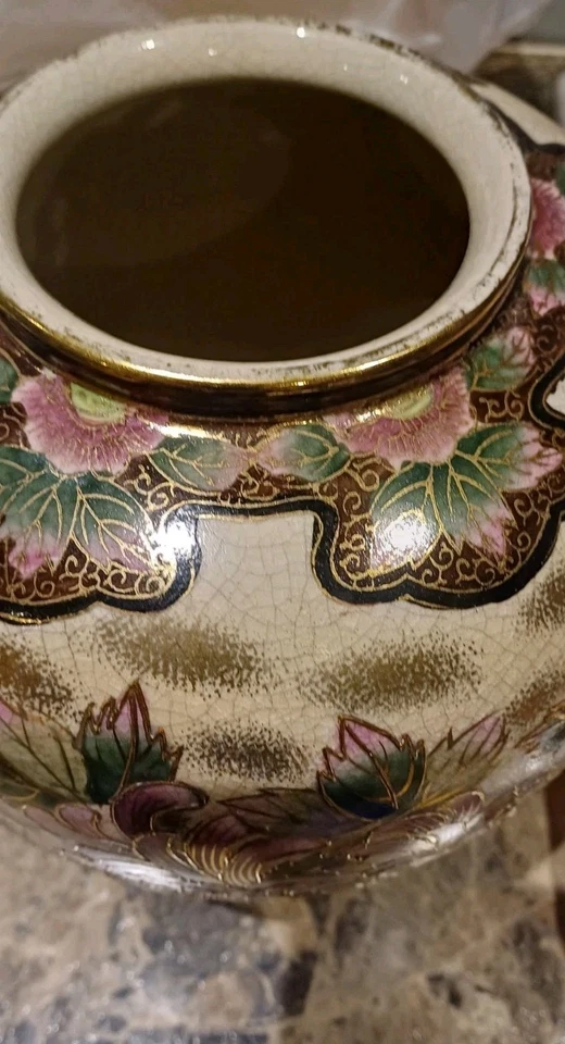 LARGE ORIENTAL VASE GILDED CHRYSANTHEMUMS PALE GREEN GROUND DRILLED BASE 10.75" - Image 4 of 4