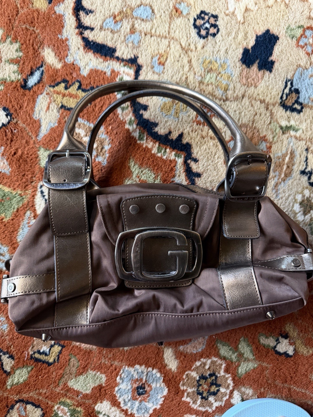 Y2K GUESS Brown Handbag Metallic Bronze Trim G Logo Buckle Purse Vintage
