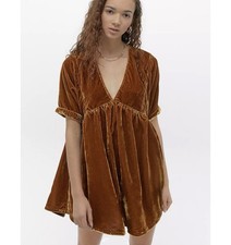 FREE PEOPLE XS Ivy Gold Velvet Mini Dress Swing Flowy Boho Festival Babydoll