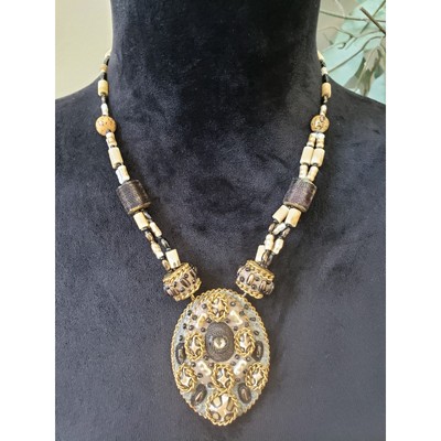 Womens Gold Tone Black Resin Encrusted Bone Beads Chain Rings Pendant Necklace
