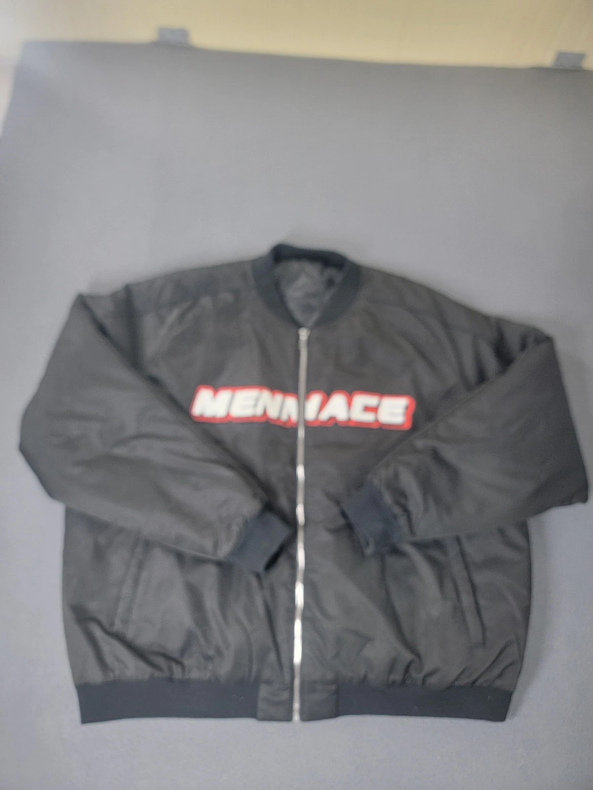 Mennace Jacket Mens XL Black Bomber Quilted Zip Chenille Logo Padded MW432842